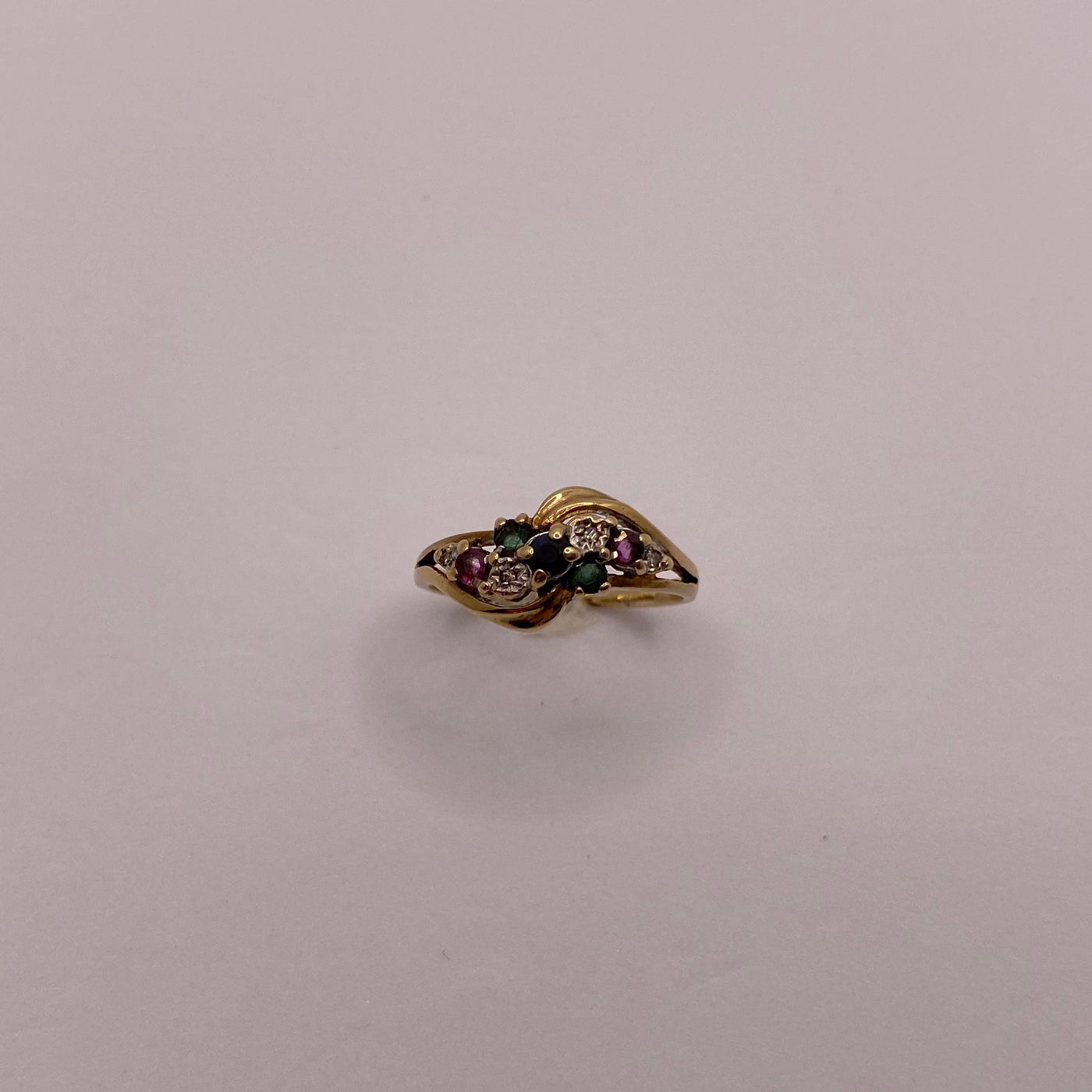 9ct Gold Emerald, Ruby, Sapphire & Diamond Twist Ring