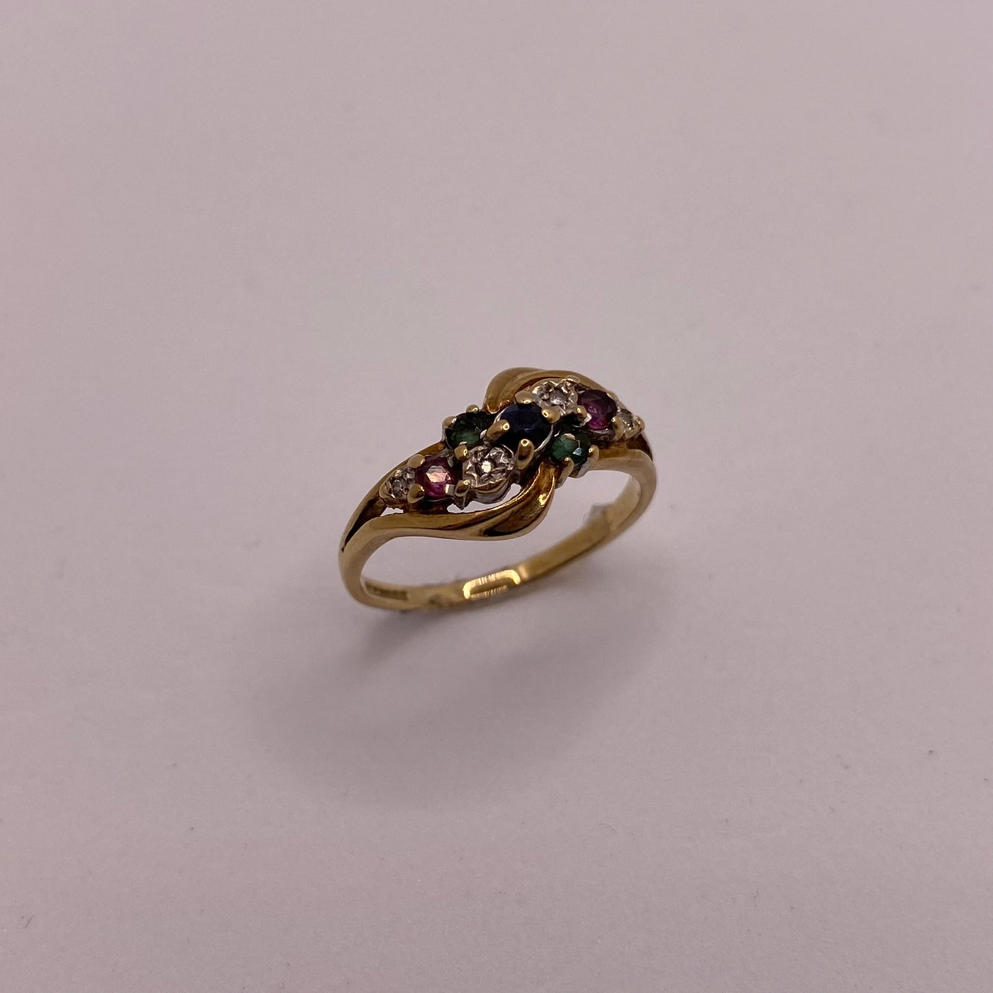 9ct Gold Emerald, Ruby, Sapphire & Diamond Twist Ring