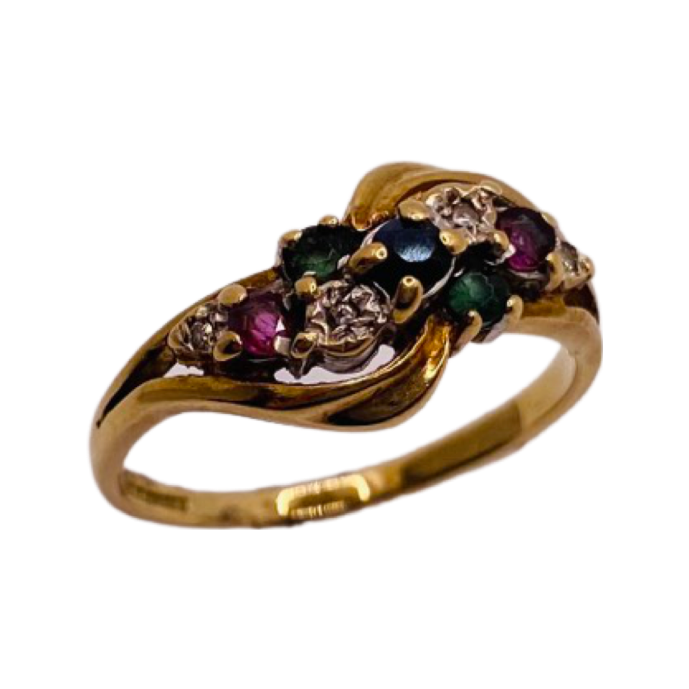 9ct Gold Emerald, Ruby, Sapphire & Diamond Twist Ring