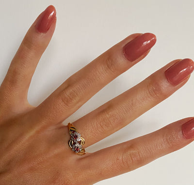 14ct Gold Double Flower Diamond & Garnet Ring