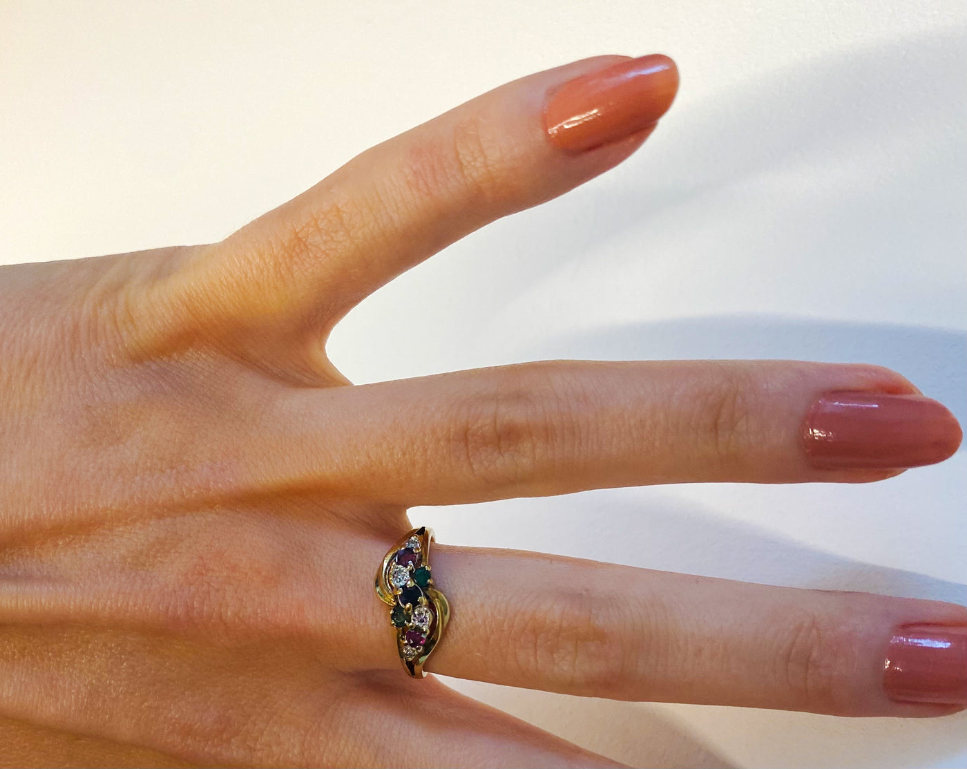 9ct Gold Emerald, Ruby, Sapphire & Diamond Twist Ring