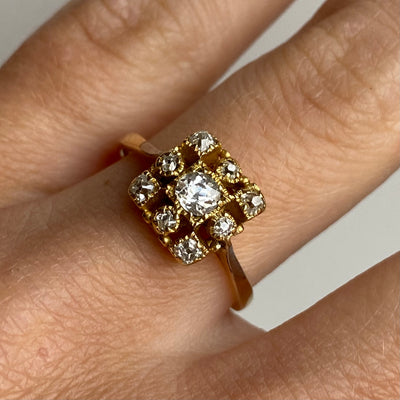 18ct Gold Unique Old Cut Diamond Square Ring